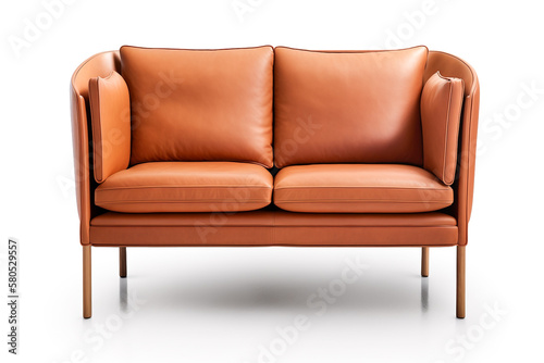 A brown leather sofa with a white background.