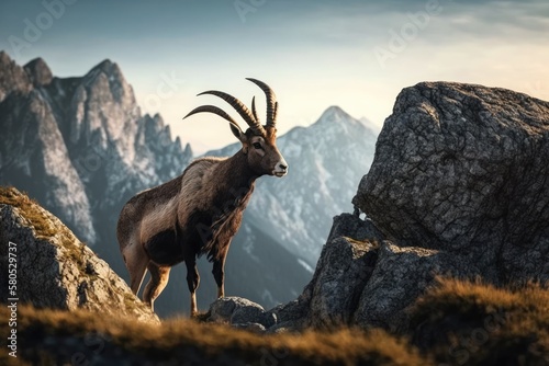 Capra ibex (Ibex) in the mountains. The animals and plants of Europe. Walking in Slovenia. Generative AI