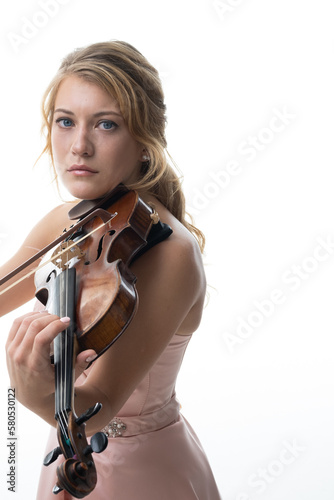 Violinist woman. Online education. Distance lesson. Lockdown reality. Isolated neutral copy space.