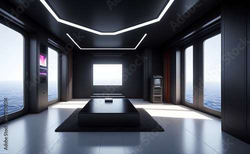 sci-fi room furnished with huge windows