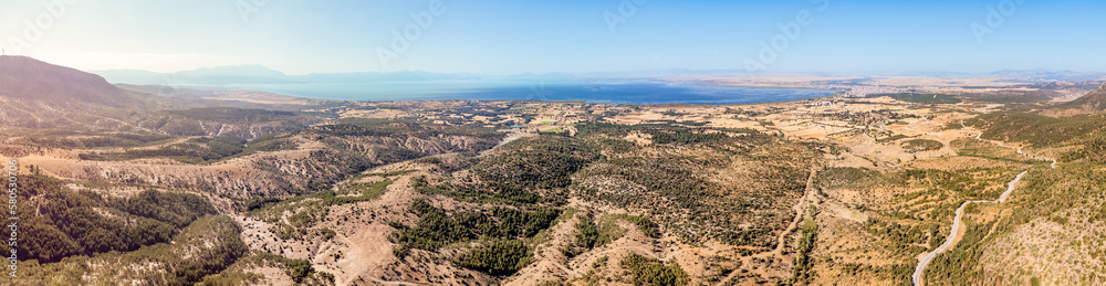 Aerial view of Besehir lake and national park in Turkey. Natural landscape and wildlife reserve