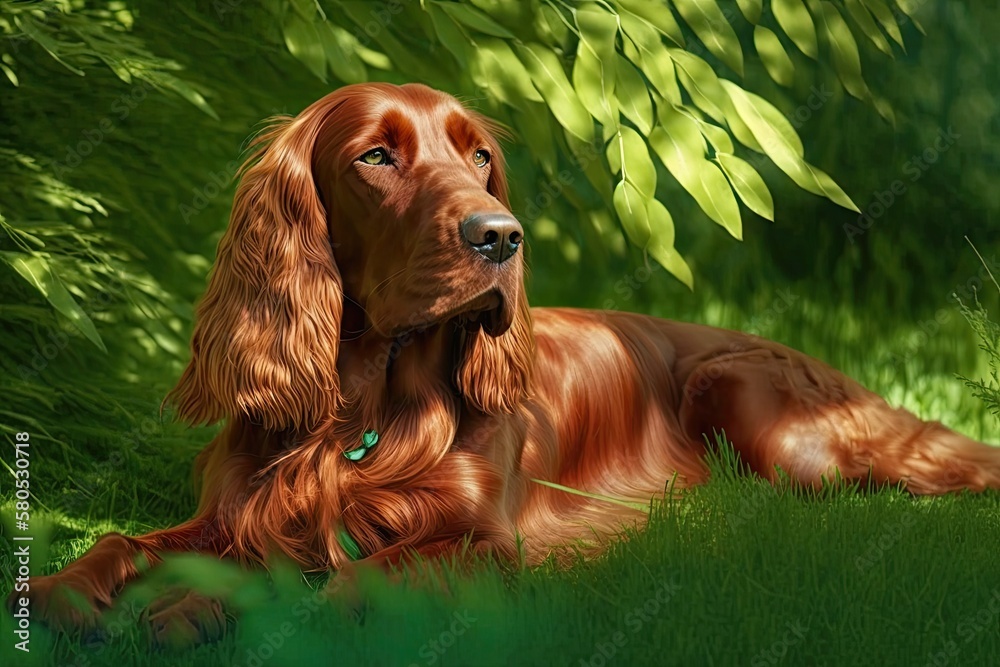 Irish red setter dog relaxing outside in summer on green grass background. Generative AI