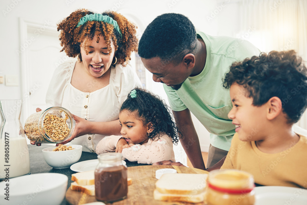 Breakfast food, black family and parent care with mother, dad and kids helping in the kitchen. Home, cereal and mama cooking with kids and father smile together with happiness in the morning