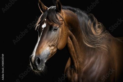 Elegant horse portrait on black background, Horse on dark background, Portrait of chestnut horse, isolated on black background. Generative AI