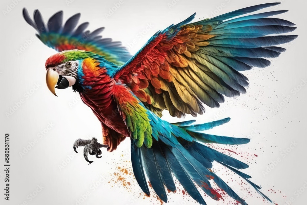 Obraz premium Colorful flying parrot on white background. Generative AI