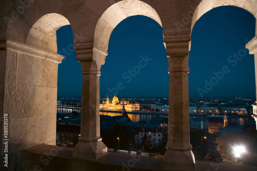 Budapest, Parliament view through Fishermans Bastion, Hungary