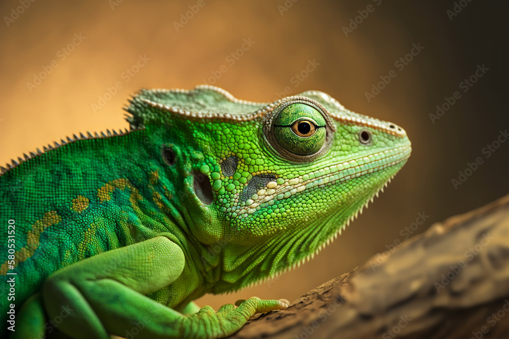 Close-up face of a green chameleon on blur background