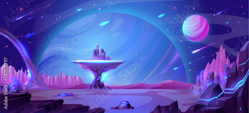 Alien planet surface with neon color stones and meteor shower in night sky. Vector cartoon illustration of space adventure game background with stone platform, stars and asteroids flying in cosmos