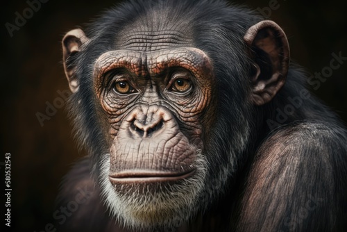 A close up chimpanzee portrait (Pan troglodytes). Generative AI © AkuAku