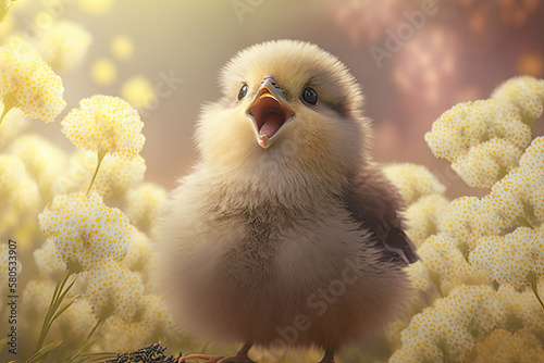 small yellow chick with wide open mouth, calling for food, flowers with yellow petals