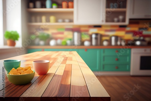 Wooden table and two bowls with potato chips on the kitchen background. Generative AI