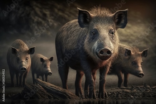 Wild pigs (Sus scrofa). This animal is a suid that is native to much of Eurasia and North Africa. It has been brought to the Americas and Oceania. Generative AI © AkuAku