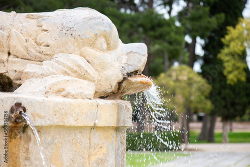 A stone fountain of a fish spit water as part of the Neptune statue in Parque Grande José Antonio Labordeta, Zaragoza, Spain. photo