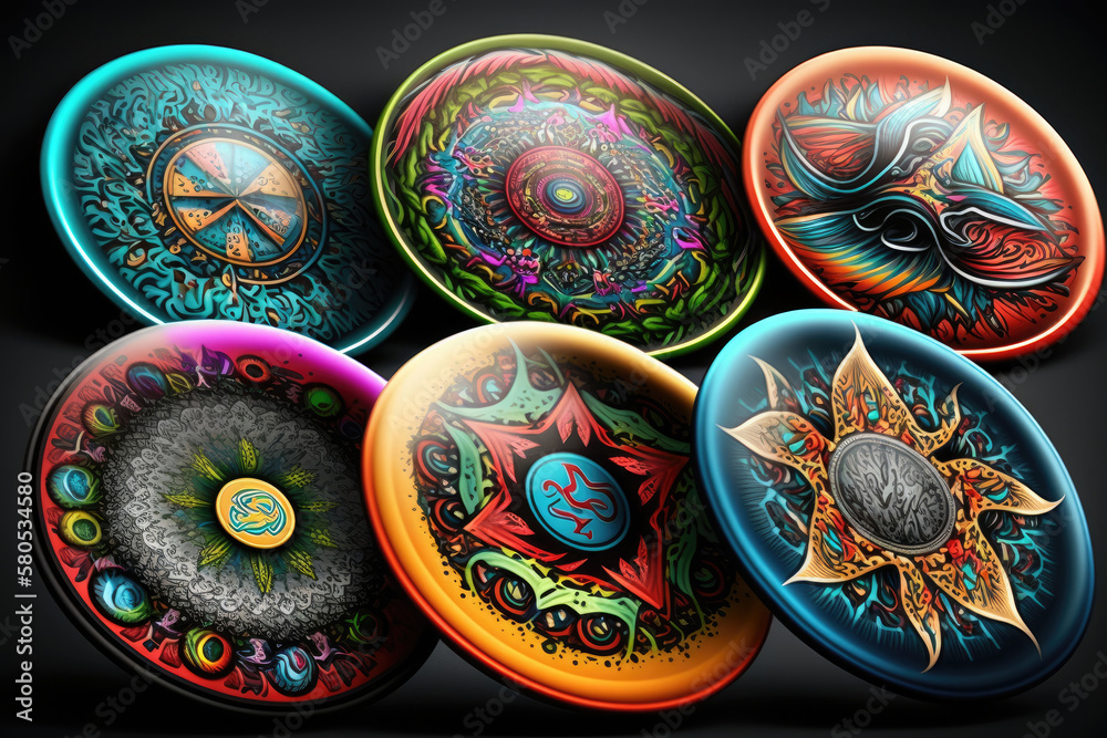 six colorful frisbee discs on a black background, abstract nonrepresentational colorful motifs, mandala