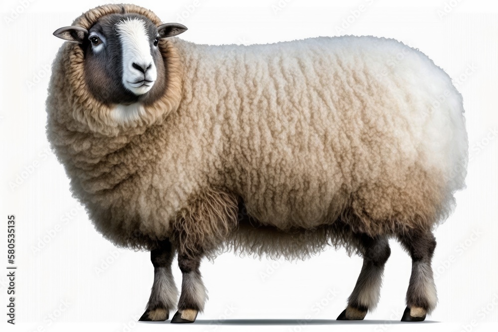 Realistic drawing of a sheep (Ovis aries) from a pet encyclopedia, image on a white background. Generative AI Realistic drawing of a sheep (Ovis aries) from a pet encyclopedia, image on a white background. Generative AI