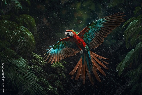 A red and blue macaw parrot flies through dark green plants as rain falls and beautiful light shines from behind. Scarlet Macaw, Ara macao, in tropical forest, Costa Rica. Scene of wildlife in the tro