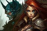 pc game anime illustration, heroine with red hair tattoo on face and battle armor, villain glowing eyes evil look, dämon