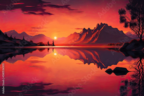 a lake shines reddish through the rising sun, in the background a wide chain of mountains