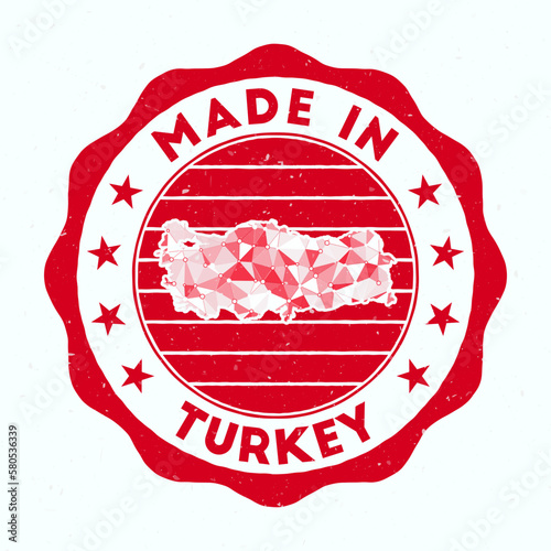 Made In Turkey. Country round stamp. Seal of Turkey with border shape. Vintage badge with circular text and stars. Vector illustration.