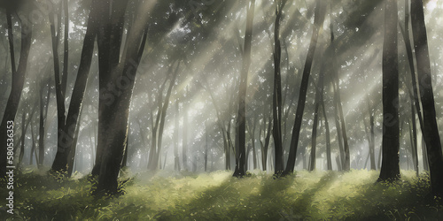 sunrise in the forest, misty landscape