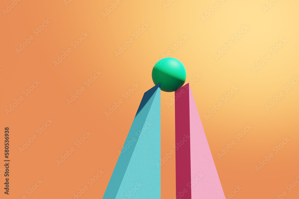 A sphere is balancing between two triangle shapes. Pressure, balance, tension or stress concepts. A sphere is balancing between two triangle shapes. Pressure, balance, tension or stress concepts.