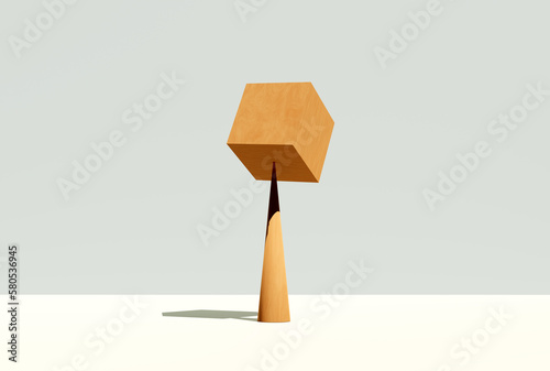 Foto A big wooden cube block is balancing on a pike shaped cone.