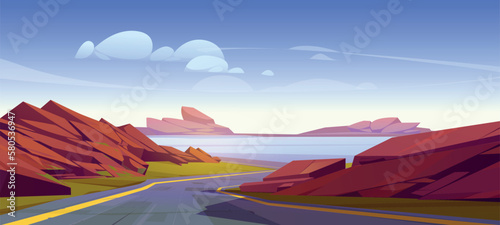 Mountain road cartoon landscape background. Nature and sky with cloud scenery illustration. Asphalt highway in rocky valley trip near lake panoramic view. Roadside on travel route to turn to river.