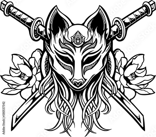 line art of  kitsune  with japanese samurai mask