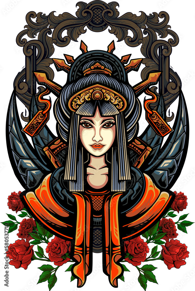 Geisha Vector Design with Red Rose