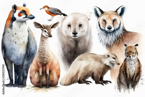 Animal set. A painting in watercolor on white. Generative AI