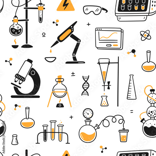 Science biology chemical experiment lab seamless pattern. Chemical laboratory equipment. Hand drawn chemical processes. Doodle vector illustration with lab flask, microscope on white background.
