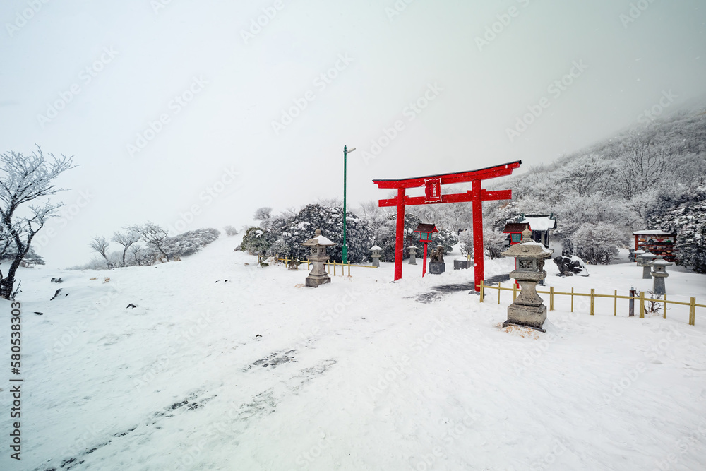 Naklejka premium The shrine on the top of snowy mountain