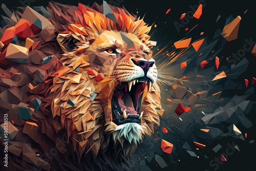 explosion low polygon lion geometric pattern. a color filter for water. LION ANGRY. Generative AI