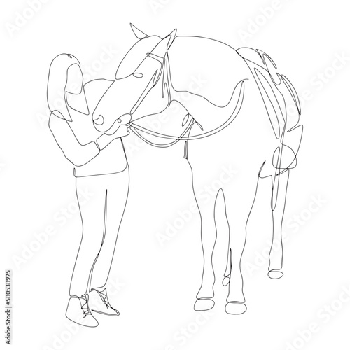 Continuous drawing in one line. The girl on the horse. Black and white vector illustration. Concept for logo, postcard, banner, poster, flyer. Vector illustration