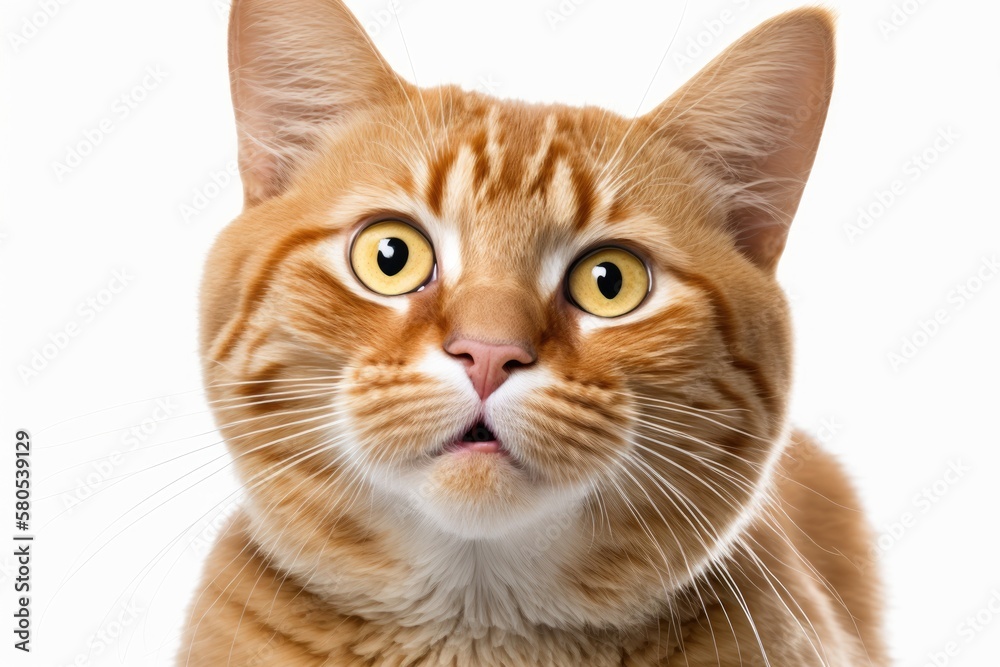 Ginger cat licking its lips and looking at the camera on a white background, front view. Generative AI Ginger cat licking its lips and looking at the camera on a white background, front view. Generative AI