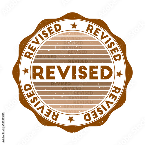 Revised badge. Grunge word round stamp with texture in Espresso Martini color theme. Vintage style geometric revised seal with gradient stripes. Creative vector illustration.