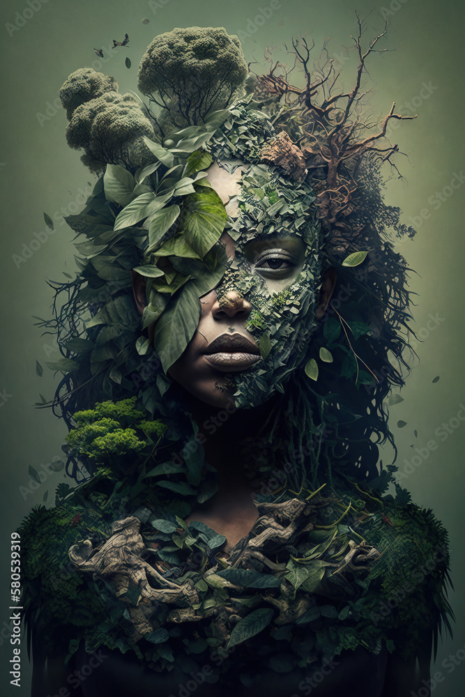 Dryad Woman made of plants and vegetation. Earth day, ecology illustration generative ai