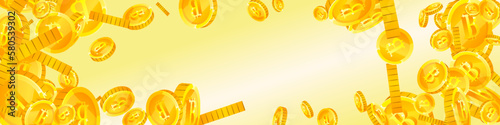 Bitcoin coins falling. Cryptocurrency scattered
