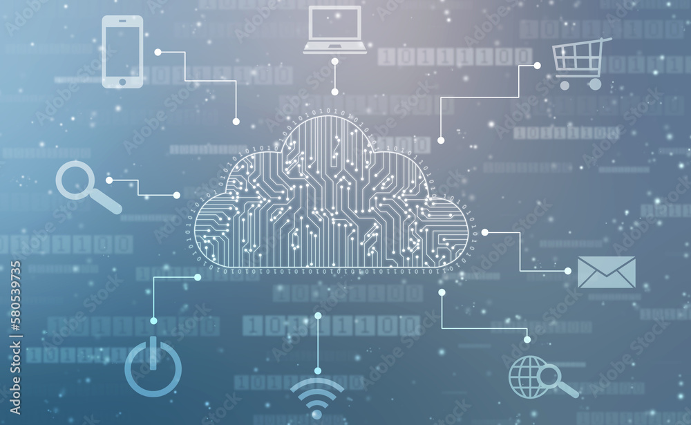 2d illustration of Cloud computing, Digital Cloud computing Concept background. Cyber technology, internet data storage, database and data server concept