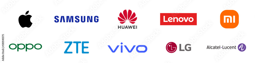 Smartphone logos. The most popular brands of mobile phones. Top 10. Apple,  Samsung, Huawei, Lenovo, Xiaomi. VINNITSA, UKRAINE - DECEMBER 13, 2022  vector de Stock | Adobe Stock