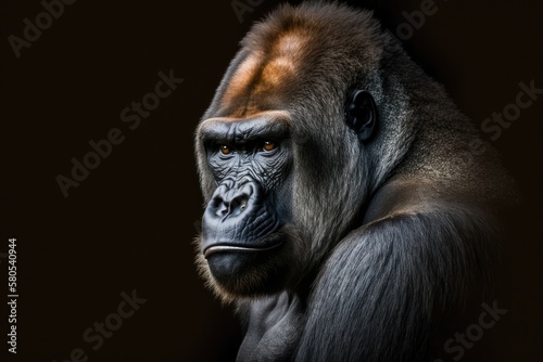 Portrait of a silverback male gorilla on a black background. This is the most dangerous and largest monkey in the world, the great ape. The leader of a family of gorillas. APE. Generative AI