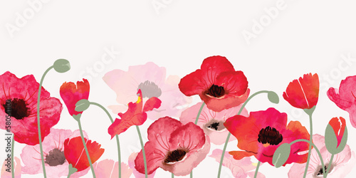 seamless minimal Hand drawn poppy flowers and leaf vector in Spring and summer collection with watercolor texture