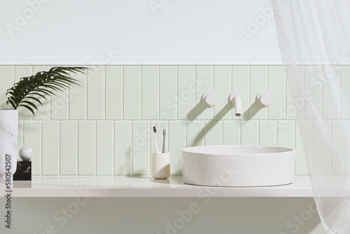 3D render an empty beige vanity counter with ceramic washbasin and modern style faucet in a bathroom with morning sunlight and shadow. Blank space for products display mockup. Background, Wall tiles.