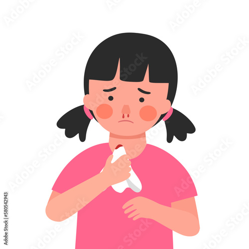 Sick girl child with a nosebleed in flat design. Nose bleeding symptom.