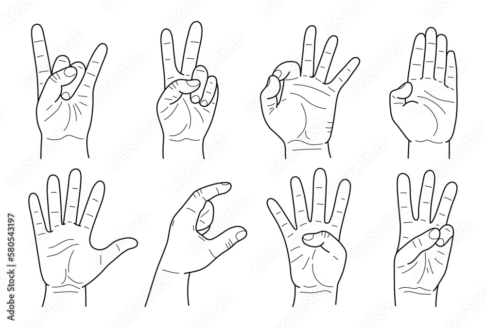Hands gestures hand drawn set stroke outline logo graphic art design isolated on white background. Vector.