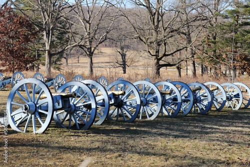 A row of Revolutionary War cannons at the Artillery Park of Valley Forge National Historic Park in winter, Pennsylvania, USA photo