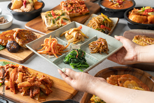 Korean food dish Braised Tofu 두부조림 4 side dishes 4가지 반찬 photo