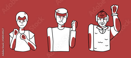 Angry male set. Young, adult and old man with an irritated mood, anger, choleric emotion, threaten with fists. Red and white colors, line art drawing.
