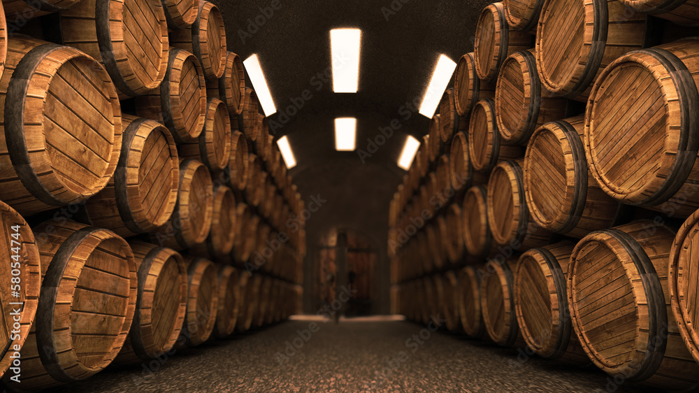 Wine cellar with stack of wooden barrels. 3D illustration