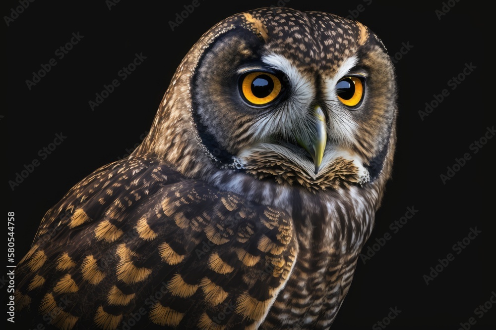 Fototapeta premium On a black background, a close up of a Great Spotted Owl. Detail bubo bubo. Black background with an owl. Generative AI